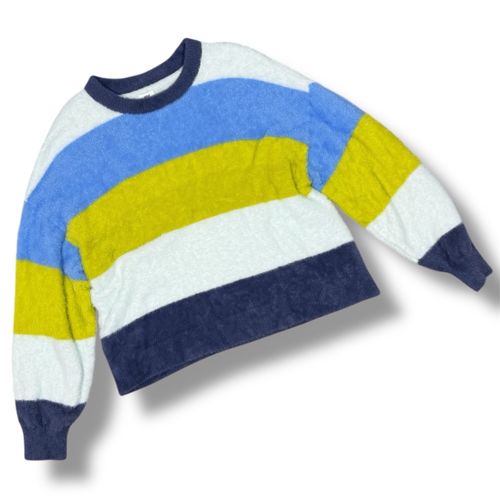 Aerie Flurry Rugby Stripes Fuzzy Oversized Crew Neck Sweater Blue Green‎ Medium - Picture 15 of 15
